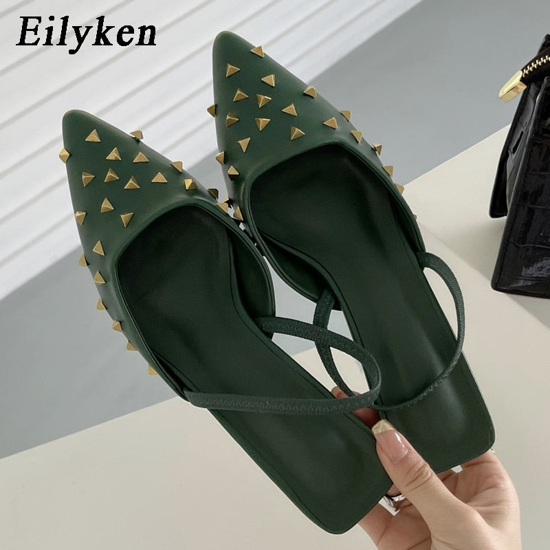 Summer Women Pumps Shoes Solid Color Rivet Pointed Toe Low Heel Slip On Mule Ladies Office Shoes Large Size 40