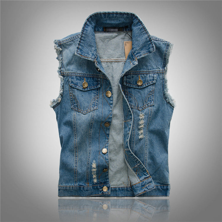 Men's large size black denim vest Korean version of the self-cultivation vest hole vest