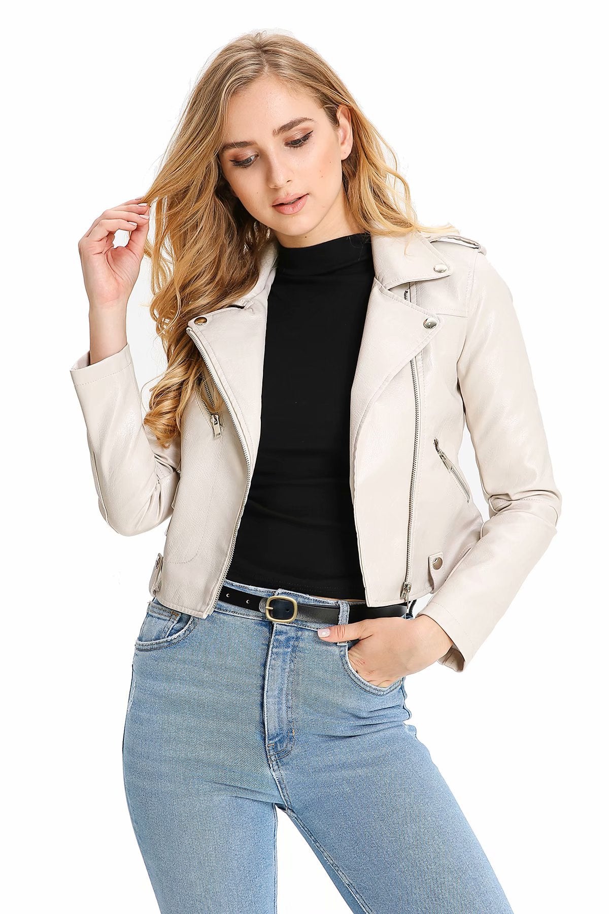 Leder Damen Kurze Mode PU Kleine Schlanke Slim-fit Motorrad Lederjacke