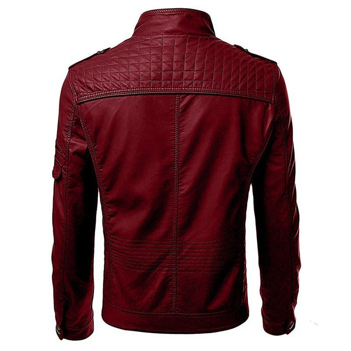 Leather Jacket Men Zipper Stand Collar Jacket
