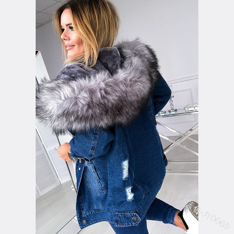 Fur Collar Denim Jacket Warm Mid-Length Coat