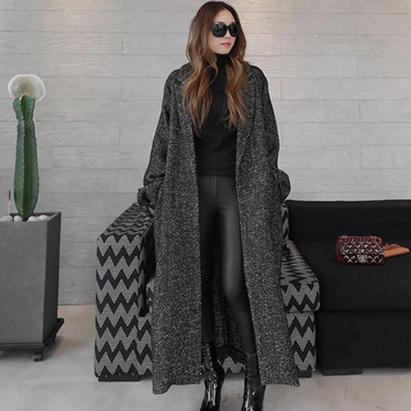 Frauen Wollmantel Lang Fischgrätenmuster Lose