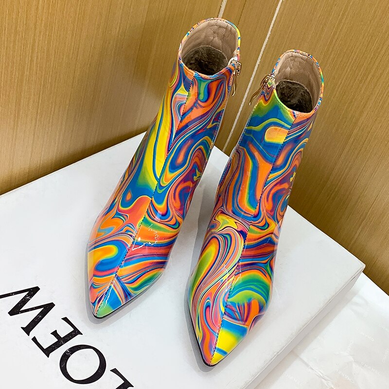 Women's New High-Heeled Autumn And Winter Thick Heel Pointed Toe Patent Leather Martin Boots