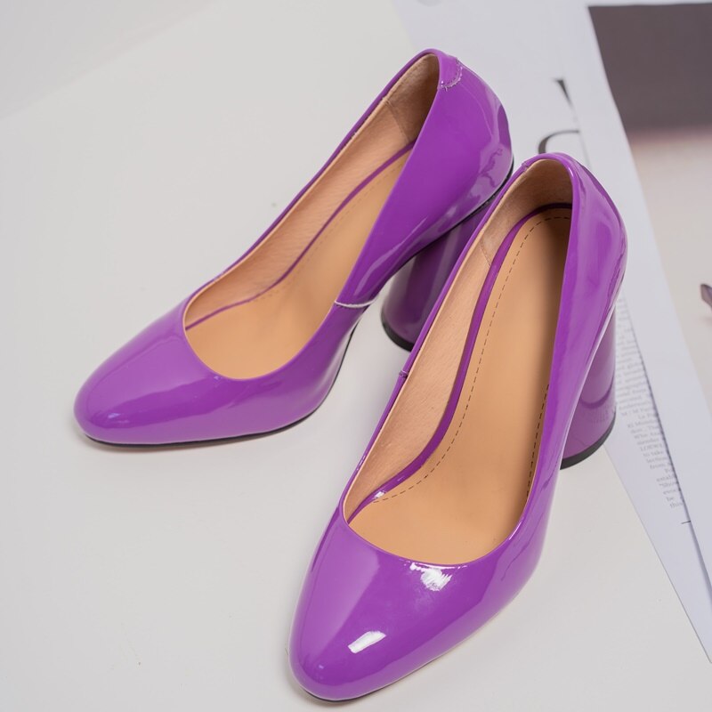 Pumps Woman Super High Heel Spring New Style Shoes Round Toe Thick Heel Patent Genuine Leather Party Heels Plus Size