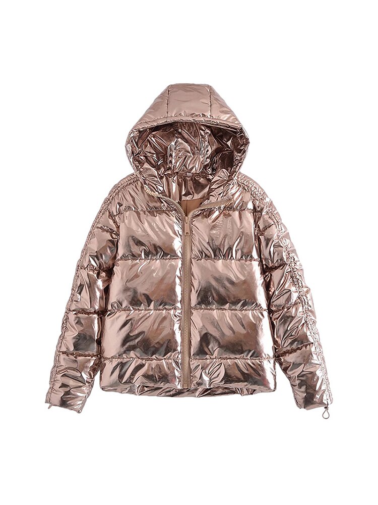 Spring New French Retro Gold Stamping Drawstring Cotton Shirt Loose Hooded Down Coat Long Sleeve Coat