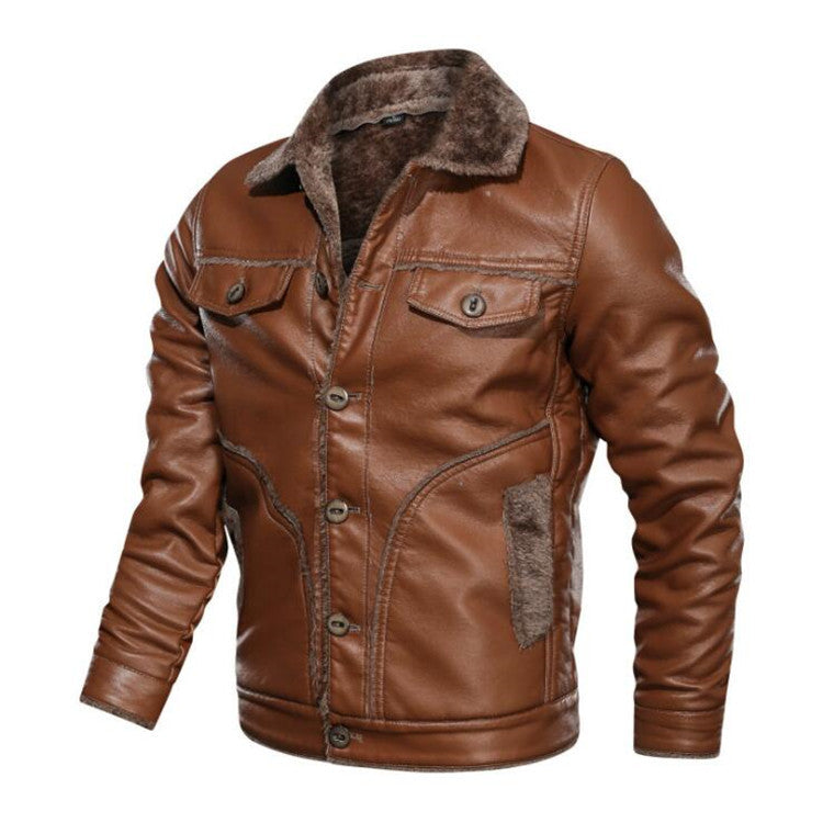 Lapel and Cashmere Men's Casual PU Leather Jacket