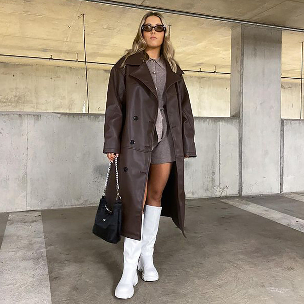 Retro Coat Women's Long Temperament PU Leather Jacket