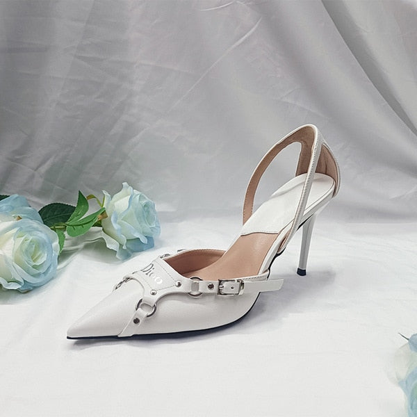 Rivet High-Heeled Shoes Lady Woman's Slippers Slides Pointed Toe Low Cover Rome Basic PU Fabric