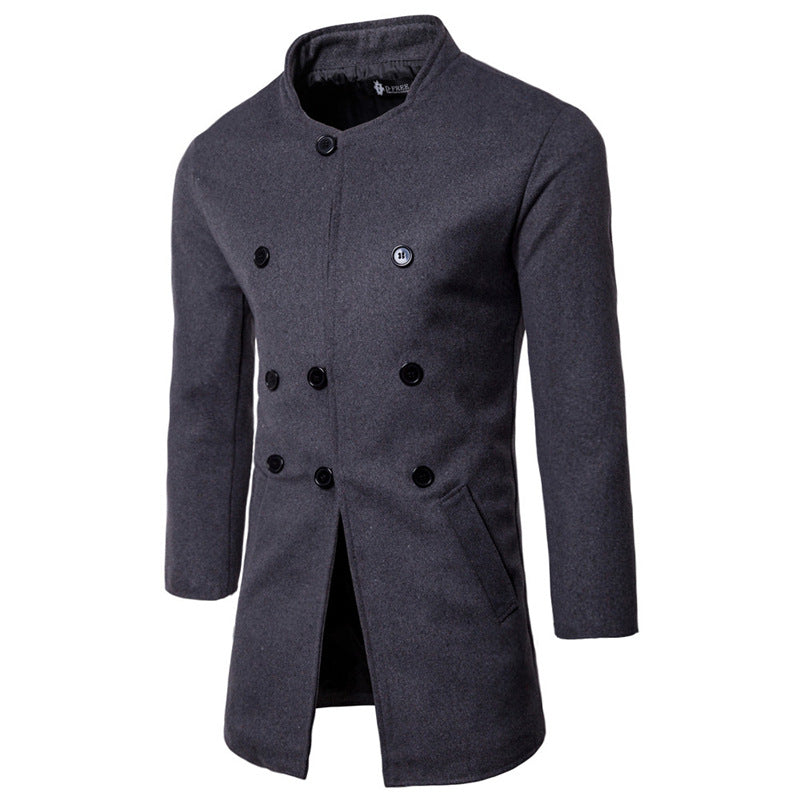 New Men's Fashion Slim Neck Three Row Woolen Coat