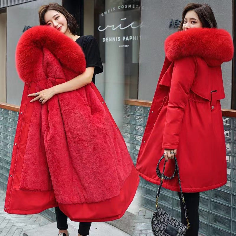 Thickened Cotton Padded Jacket Women's Inner Plush Style Overcame Long Large Feather Collar Down Cotton Padded Jacket Large Size Coat