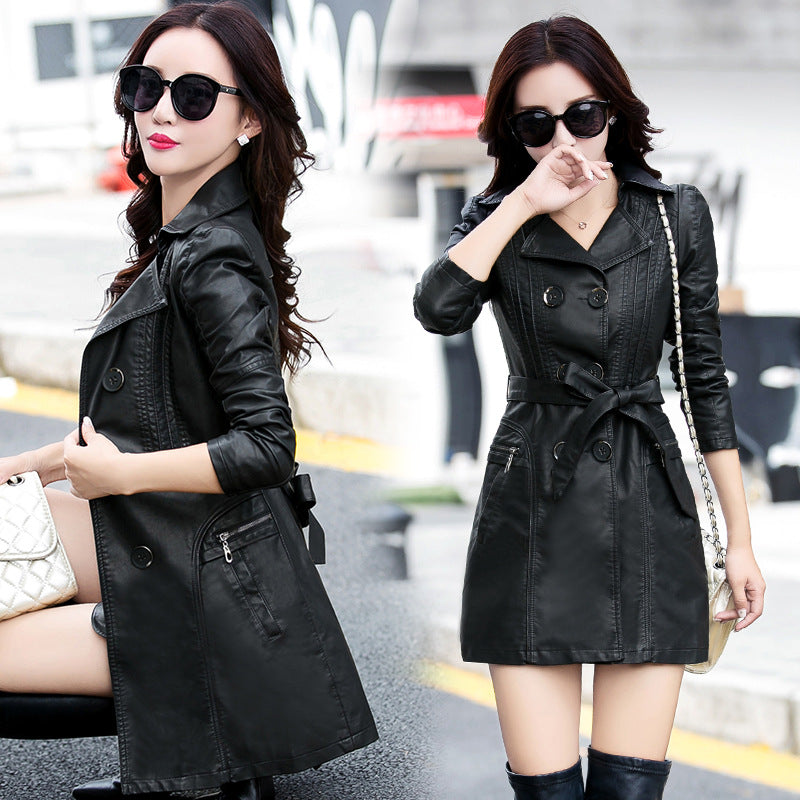 Winter new ladies leather trench coat