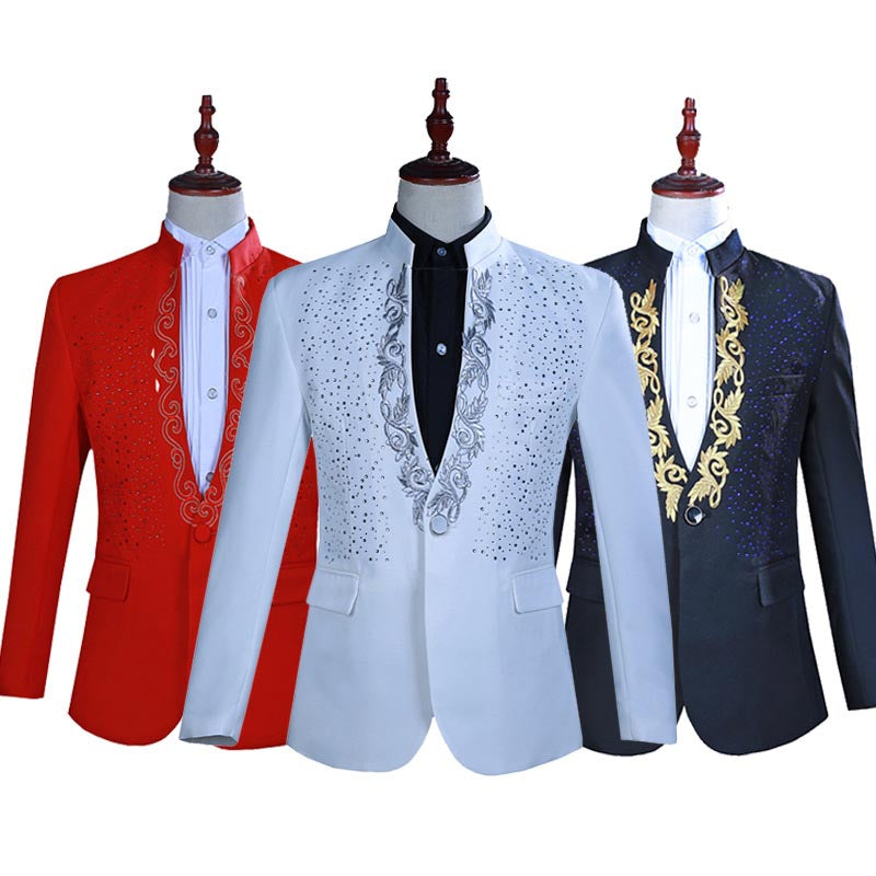 Men's Hot Flower Hot Rhinestone Stand Collar Suit