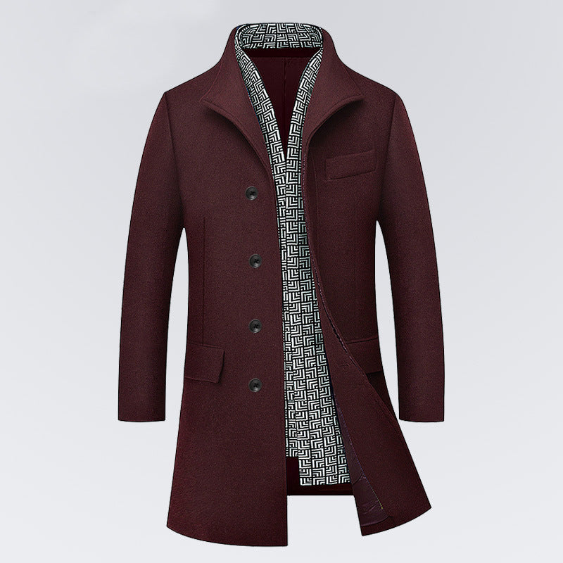 Medium length woolen overcoat for men