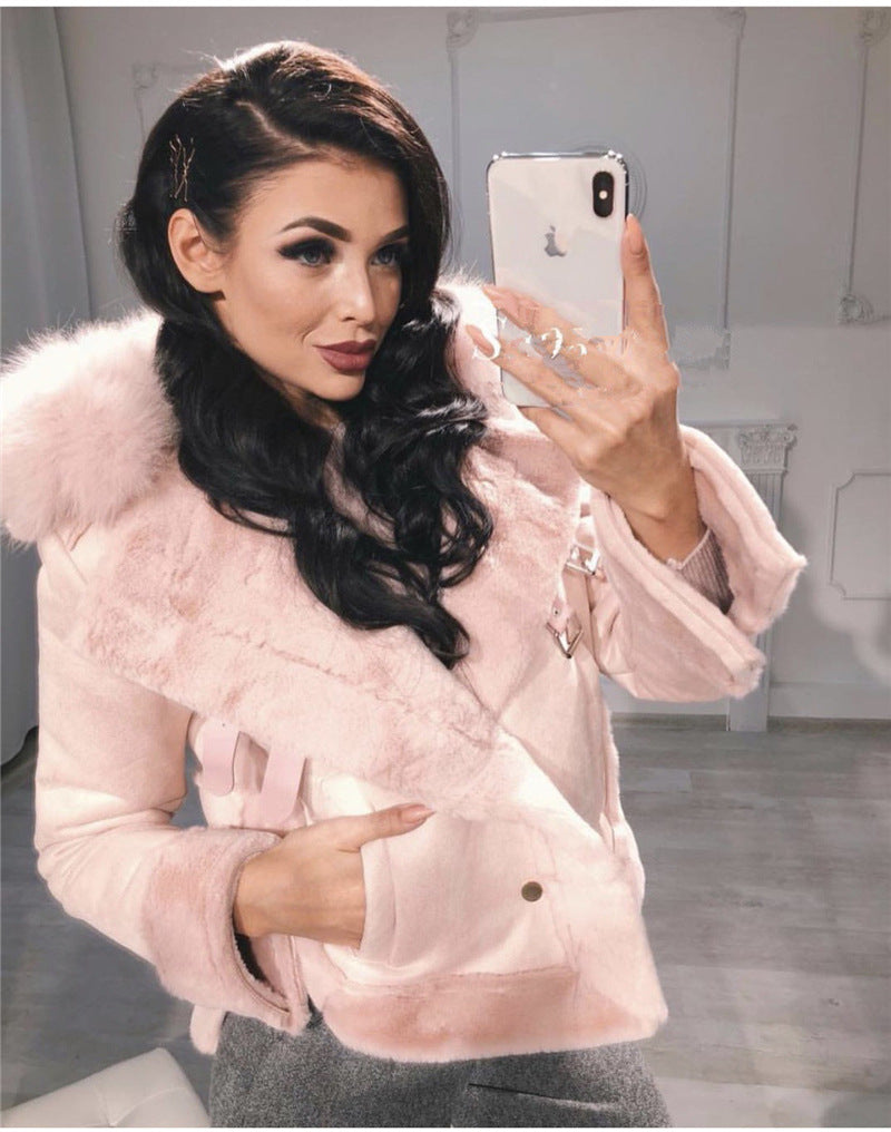 Leather fur collar faux fur coat