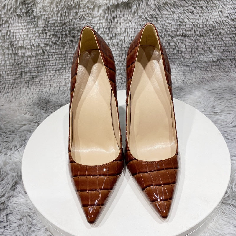 Tikicup Coffee Brown Crocodile Effect Women Sexy 8 10 12cm High Heel Party Shoes Ladies Slip On Pointy Toe Stiletto Pumps