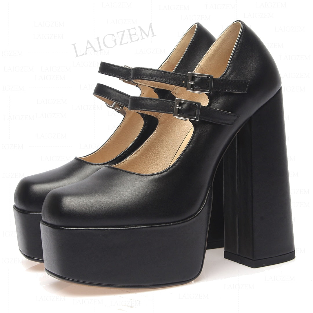 Spring And Autumn New Fashion Buckle With Thick Single Shoes British Style Square Head Large Yards Super High Heels