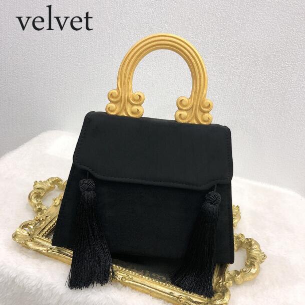 Vintage Tassel Handbag with Wooden Handle Women Black PU Leather Handbags Dinner Clutch Bag for Ladies Tote Bag