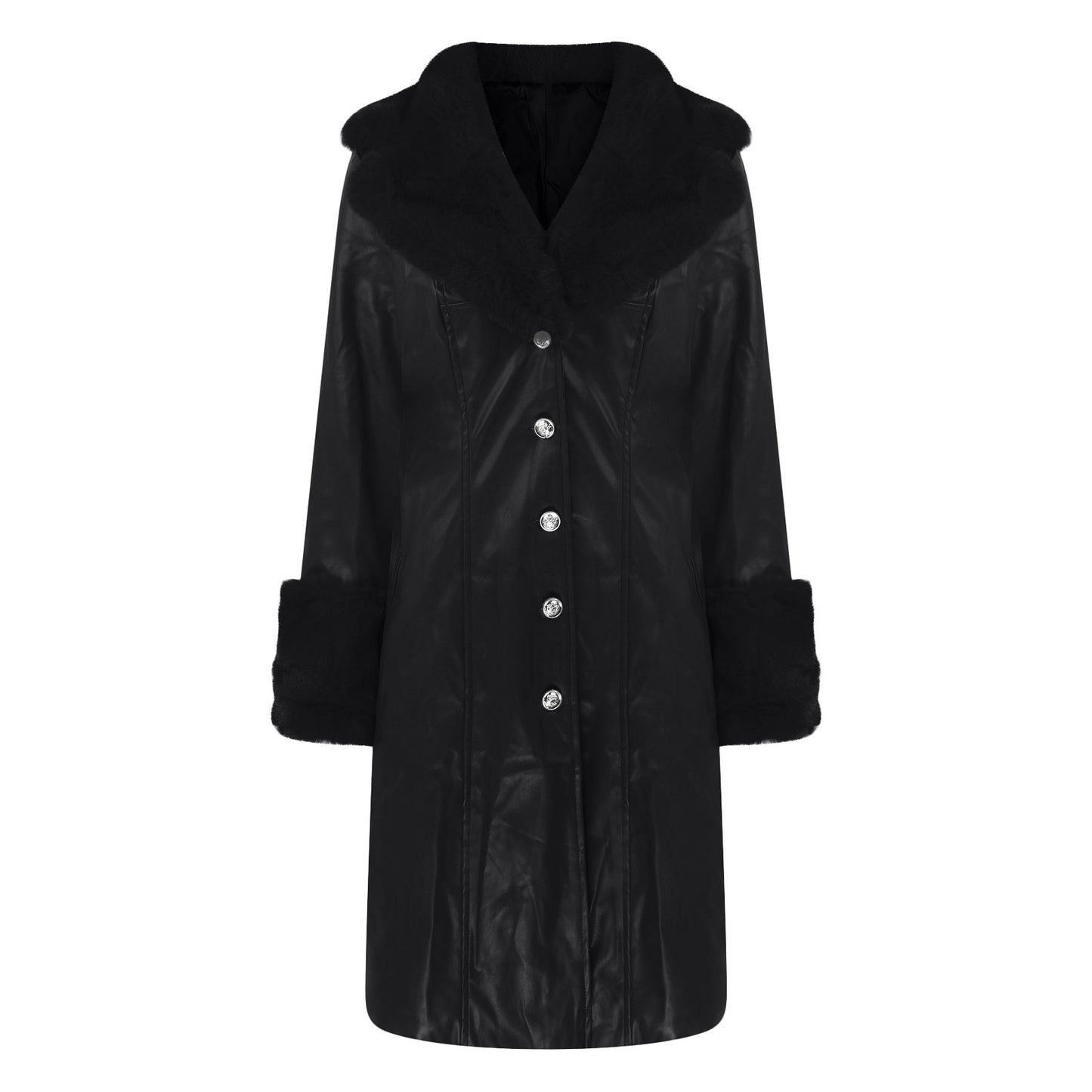 Revers Langer Mantel Pelzkragen Temperament Reißverschluss Damen PU Jacke