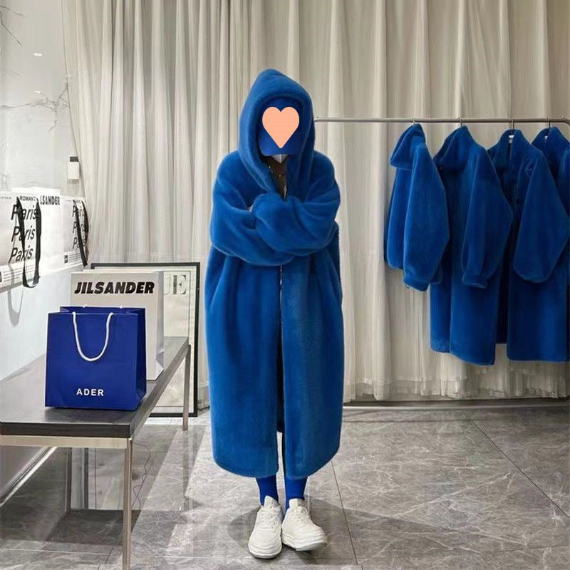 Leather Coat Overcoat Women's Long Thick Hooded Loose Young Mink-like Wool