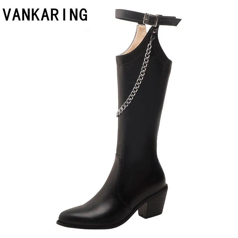 Temperament Pointed Chelsea High Heel Fashion Boots Autumn and Winter New Style Belt Buckle Metal Chain Long Women's Boots