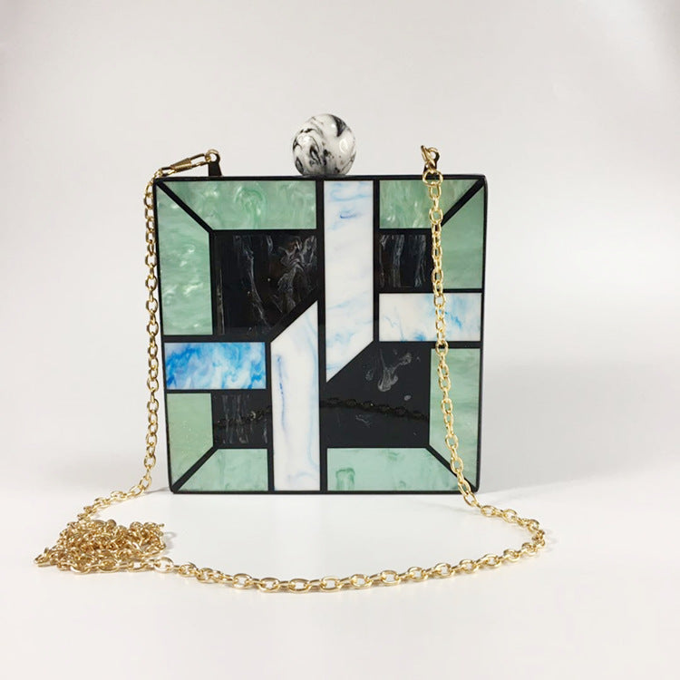 Women's Bag Round Toe Marbled Acrylic Evening Bag Geometric Stitching Clutch Messenger Bag