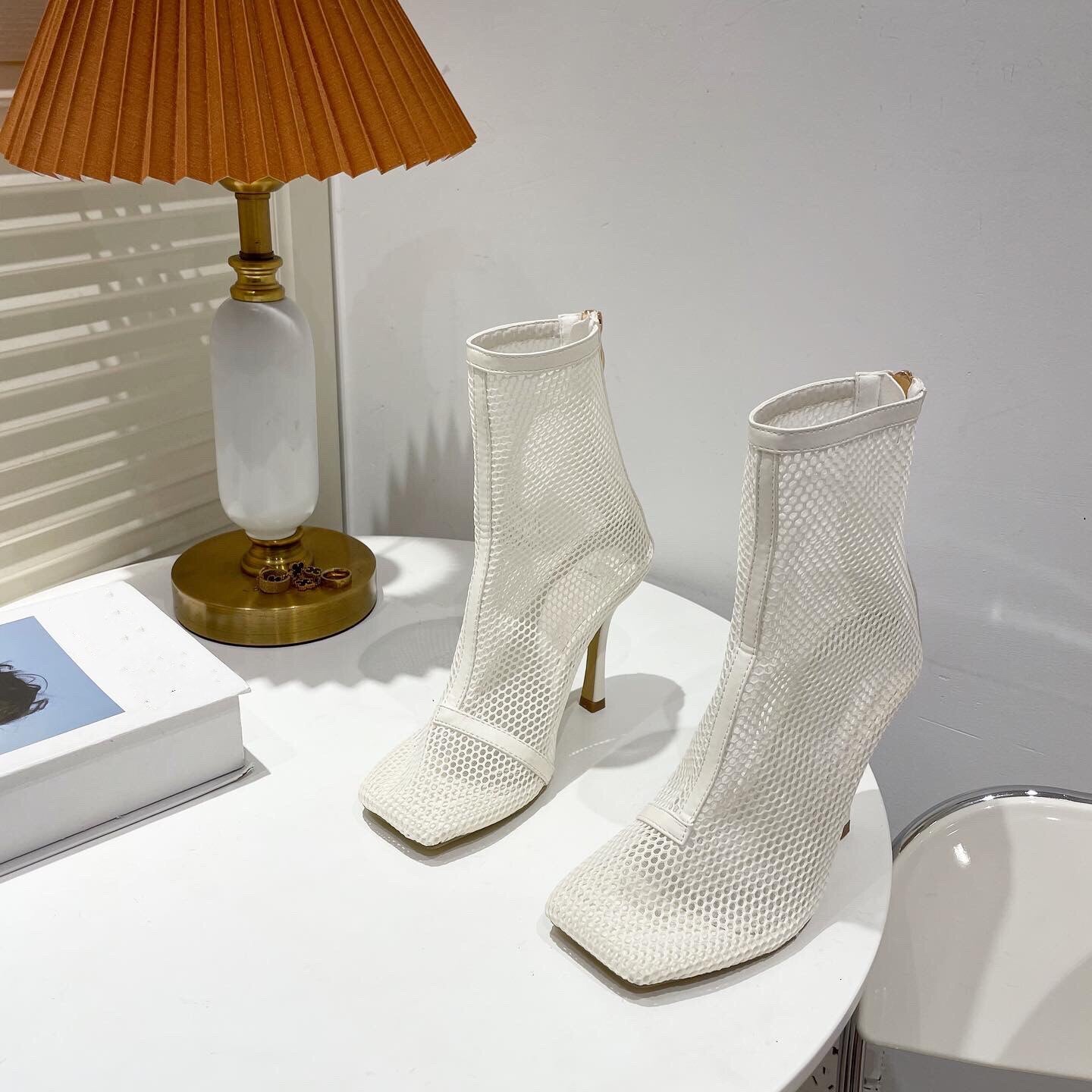 Summer New Women's Boots Fashion Square Toe Hollow Mesh Zipper Stiletto Ankle Boots Sandals Nightclub Banquet Shoes