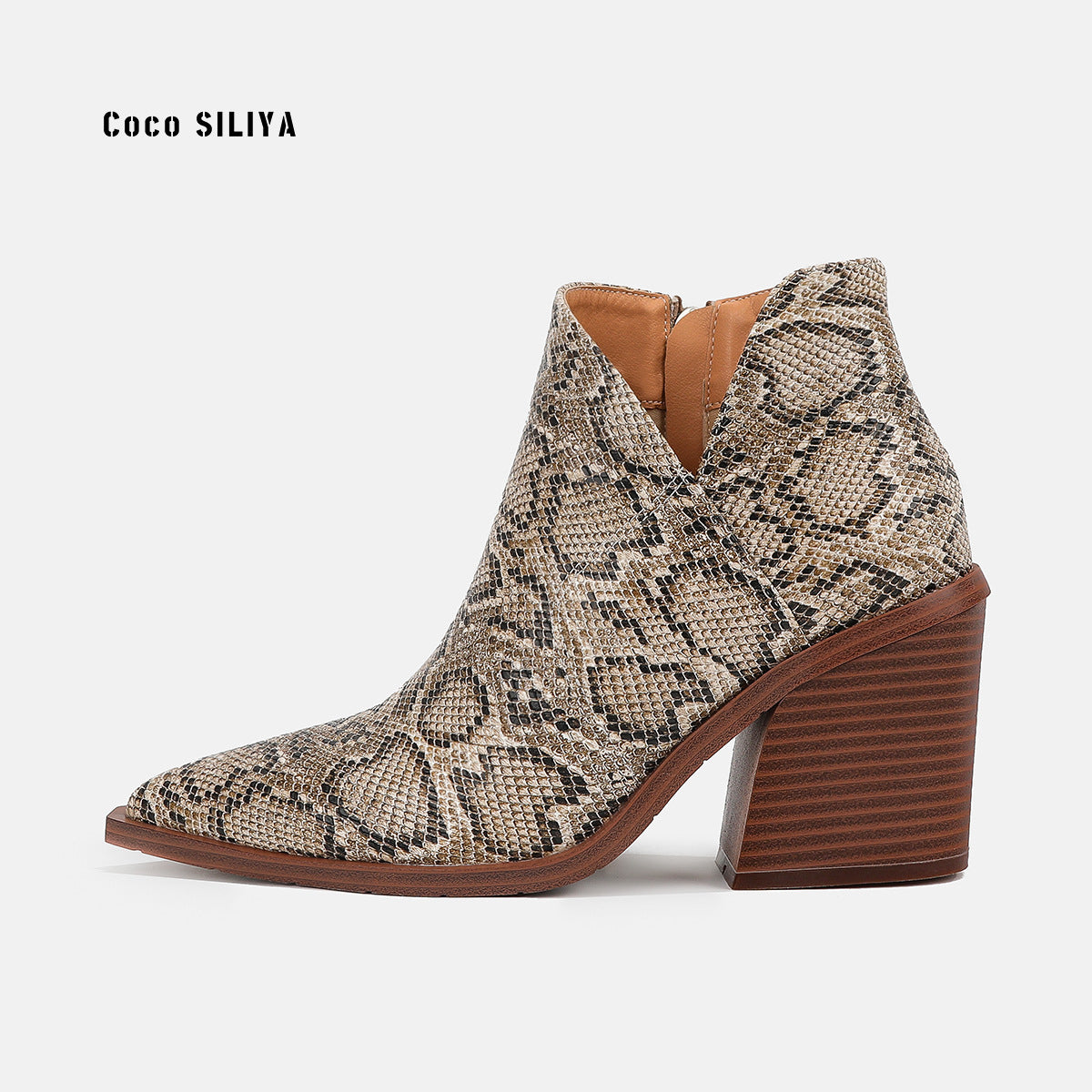 Damenstiefel aus Schlangenleder, neue Stiefeletten, dicker Absatz, spitze große kurze Stiefel