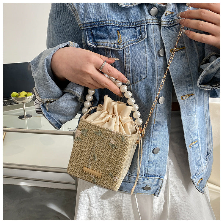 Pearl Handbag Women's New Trendy Small Square Bag Fashion Chain Shoulder Bag Summer Net Red Woven Bucket Bag