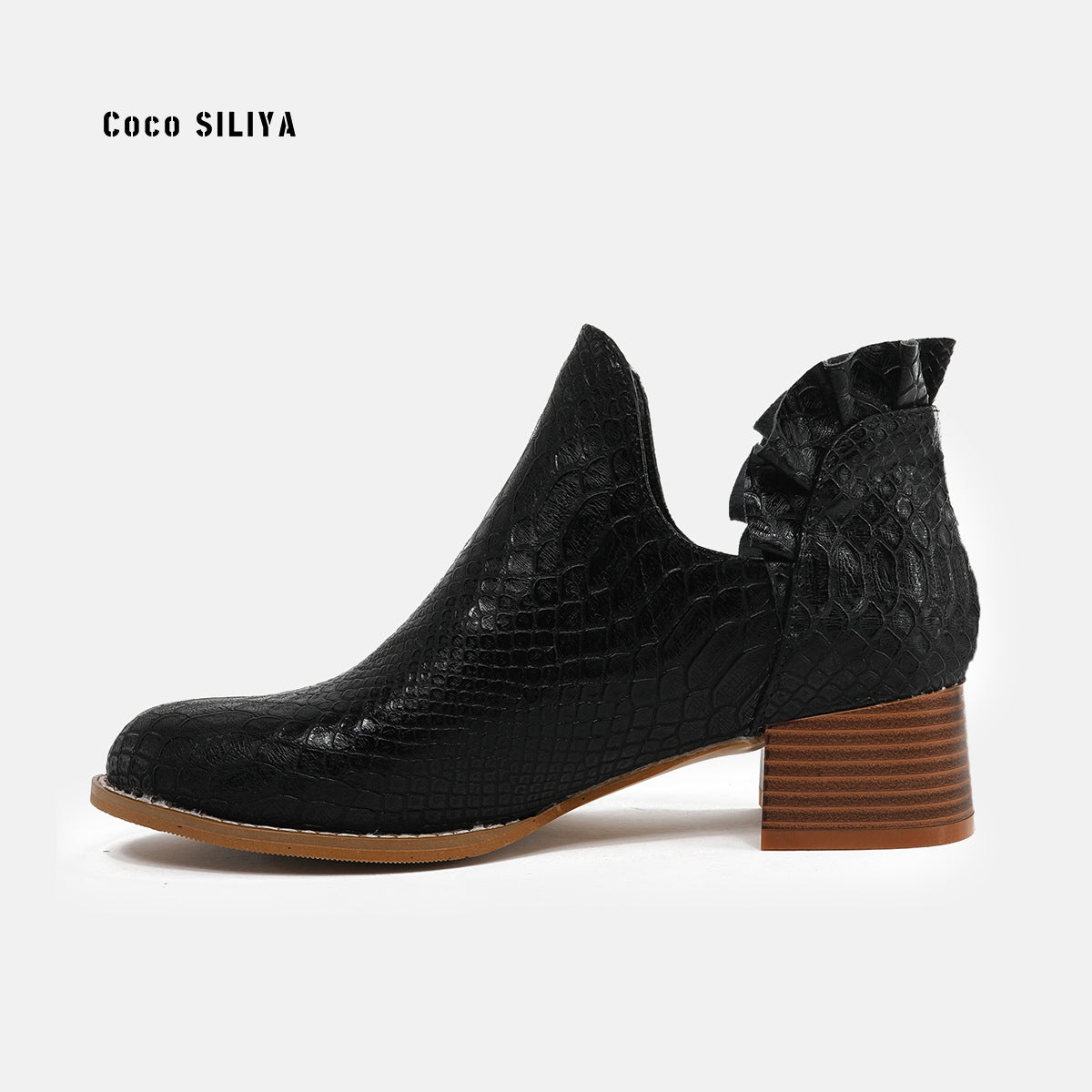 Schlangenlederstiefel Herbst und Winter Neue große Damenstiefel Runde Zehen Martin-Stiefel mit schwerem Absatz