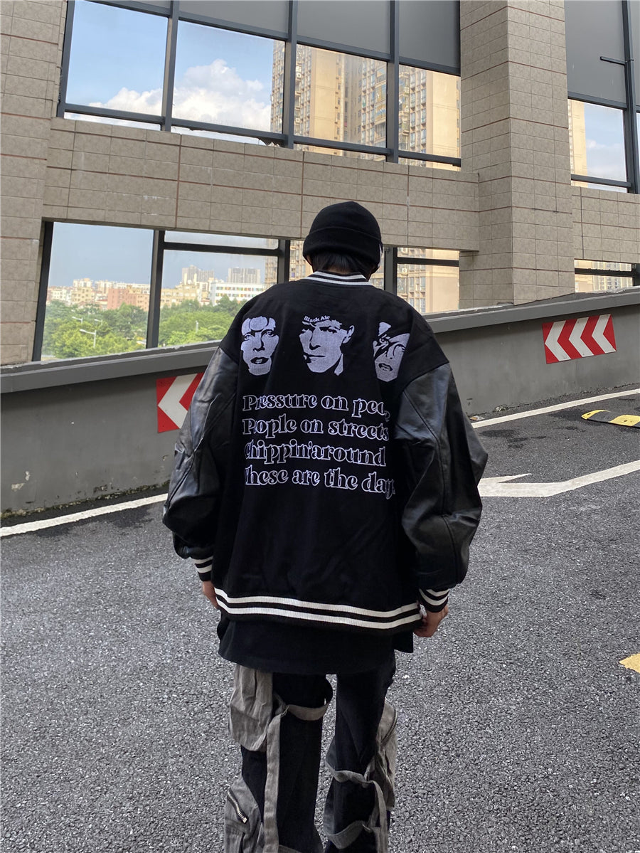 PU Leather Patchwork Baseball Jacket