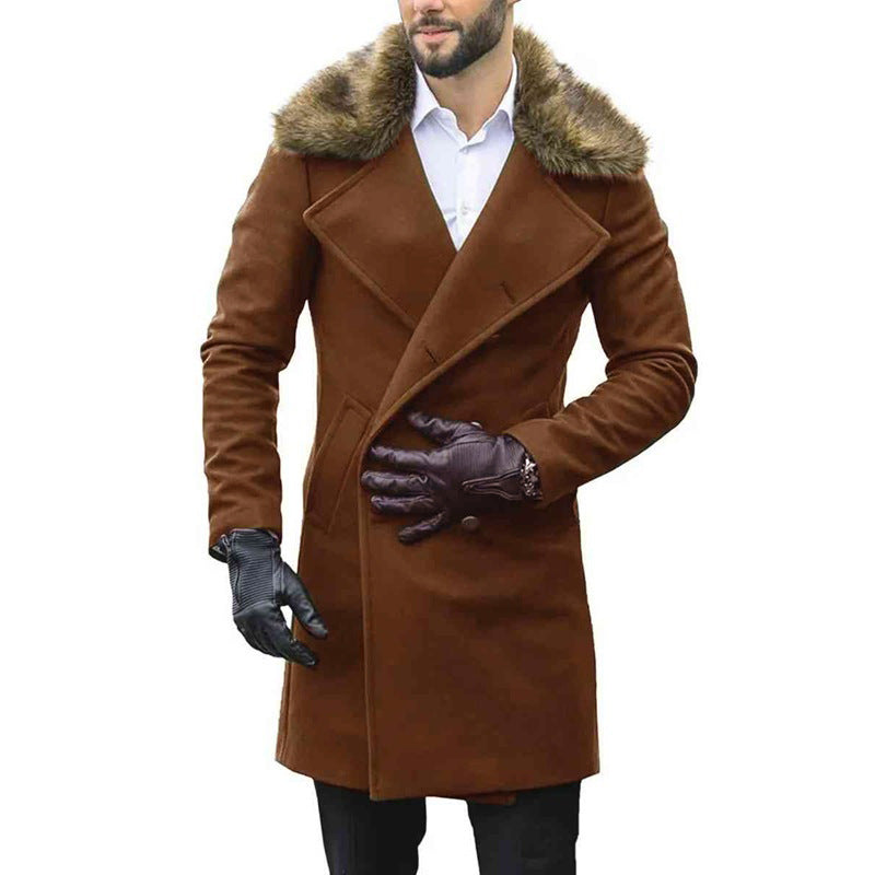 Men's Fashion Fur Collar Long Sleeve Coat Double-breasted Woolen