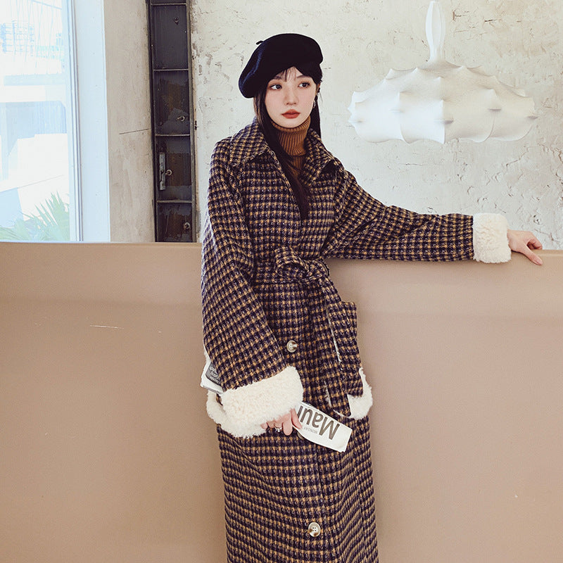 New Stitching Contrast Color Houndstooth Quilted Coat