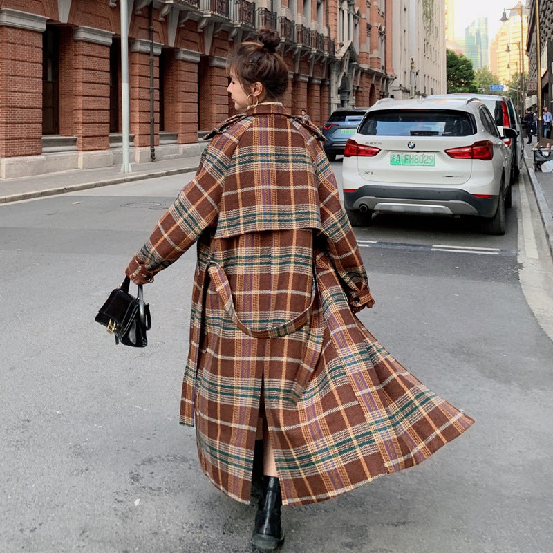 Women's Autumn And Winter New Temperament Long Woolen Plaid Coat Jacket