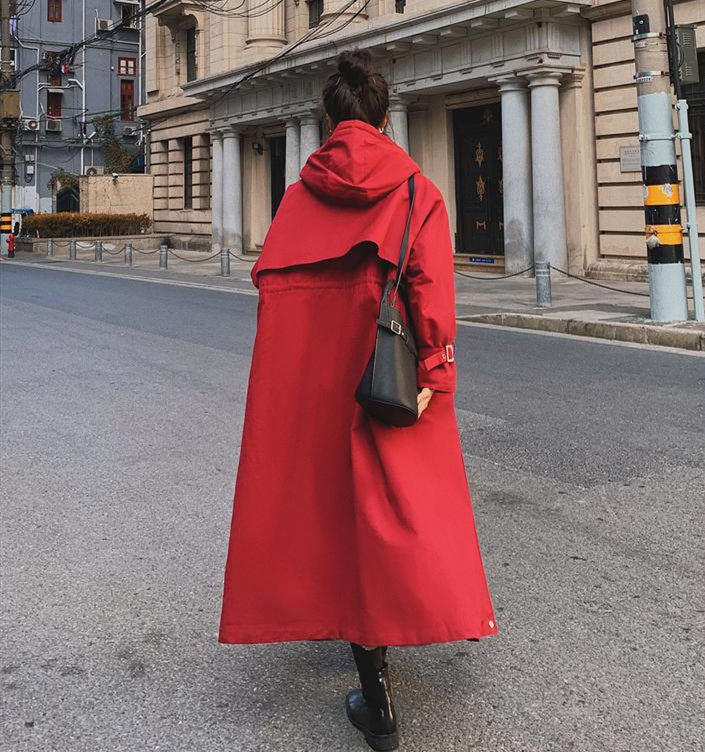 Winter Women's New British Style Hooded Red Cotton Long Coat