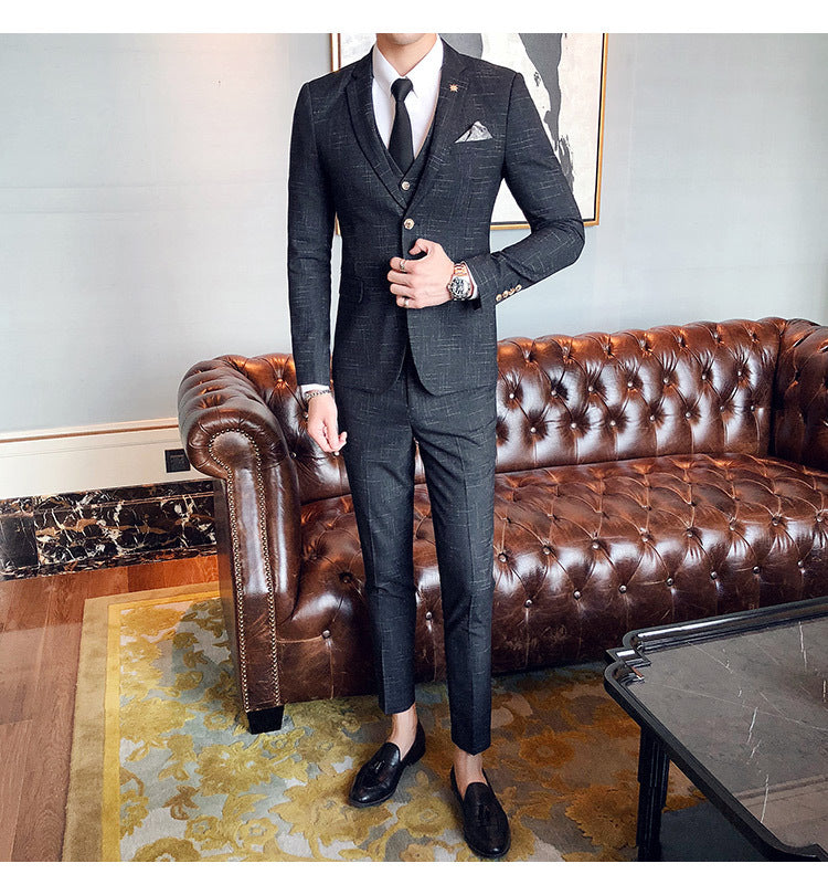 Slim-fit Three-piece Suit With Dark Pattern Business Casual