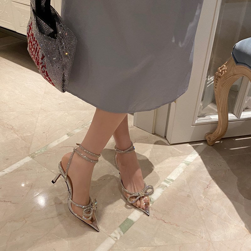 Summer Strappy Pointed Fairy Shoes Transparent Butterfly Rhinestone Stiletto Sandals Net Celebrity High-Heeled Wedding Shoes Women