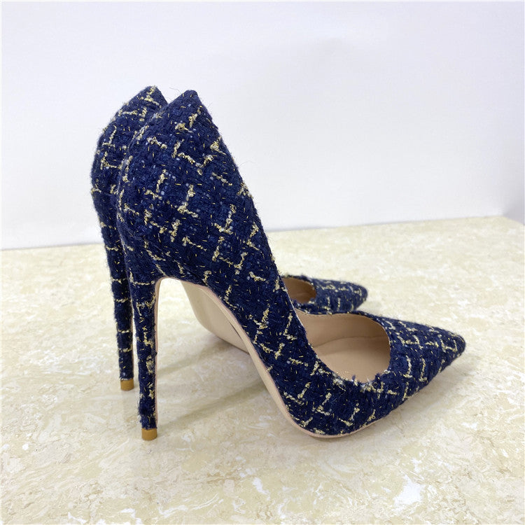 New Woven High Heels 12CM Pointed Toe Stiletto Pumps All-Match Women's Shoes
