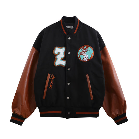 PU Leather Jacket Men's Letter Embroidery Baseball Color Matching Jacket