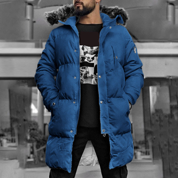 Pure Color Hooded Zipper Warm Cotton Long Single-breasted Pocket Casual Coat Men