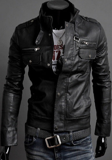 Fashionable Men's Stand Collar Motorcycle Leather Jacket