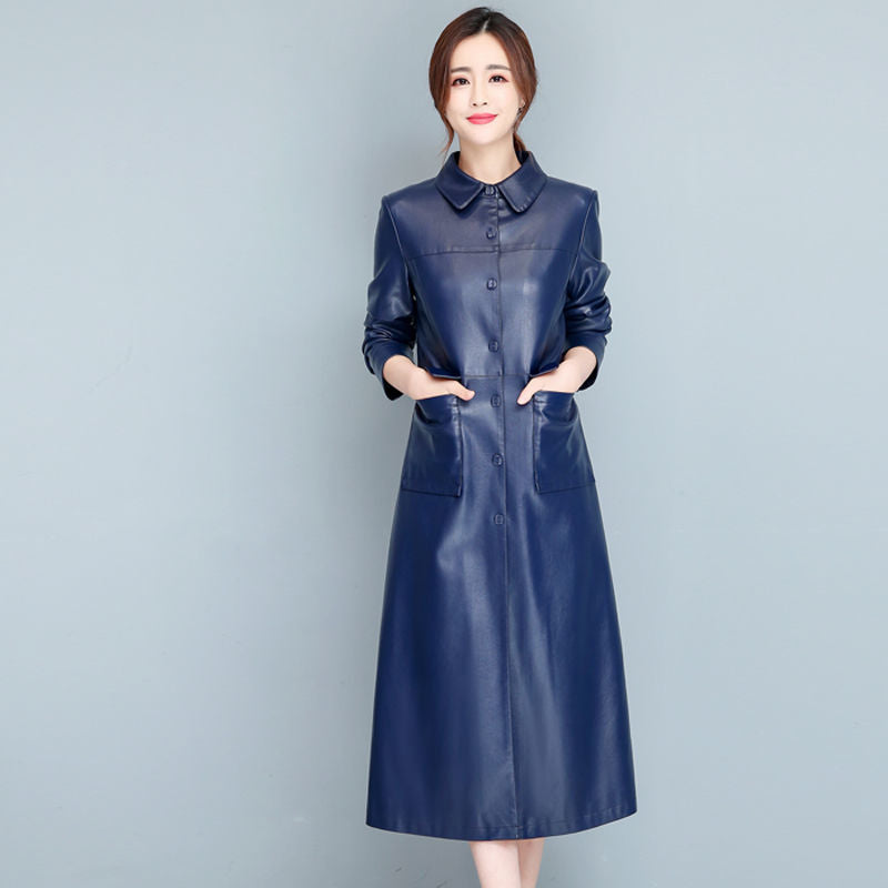 Ladies Fashion Thin Leather Trench Coat Coat