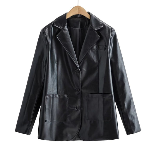 Temperament Commuting Light Cooked Wind Big Pocket Faux Leather Suit Jacket