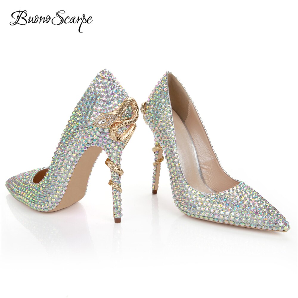 New Bride Wedding Shoes Female Party Shoes Crystal Brand Design High Heel Pumps Metal Snake Heels Rhinestone Wedding Pumps