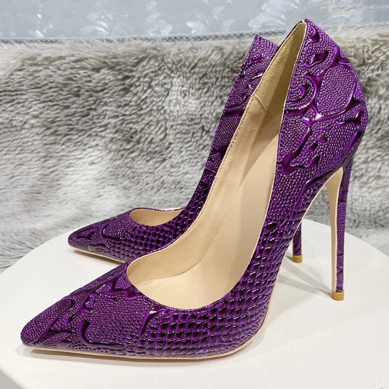 Tikicup Purple Embossed Crocodile Effect Women Pointy Toe Slip On High Heel Shoes for Party Sexy Ladies Dress Stiletto Pumps