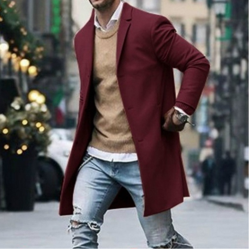 Men's Windbreaker Simple Woolen Coat Casual Woolen Mid Length Coat