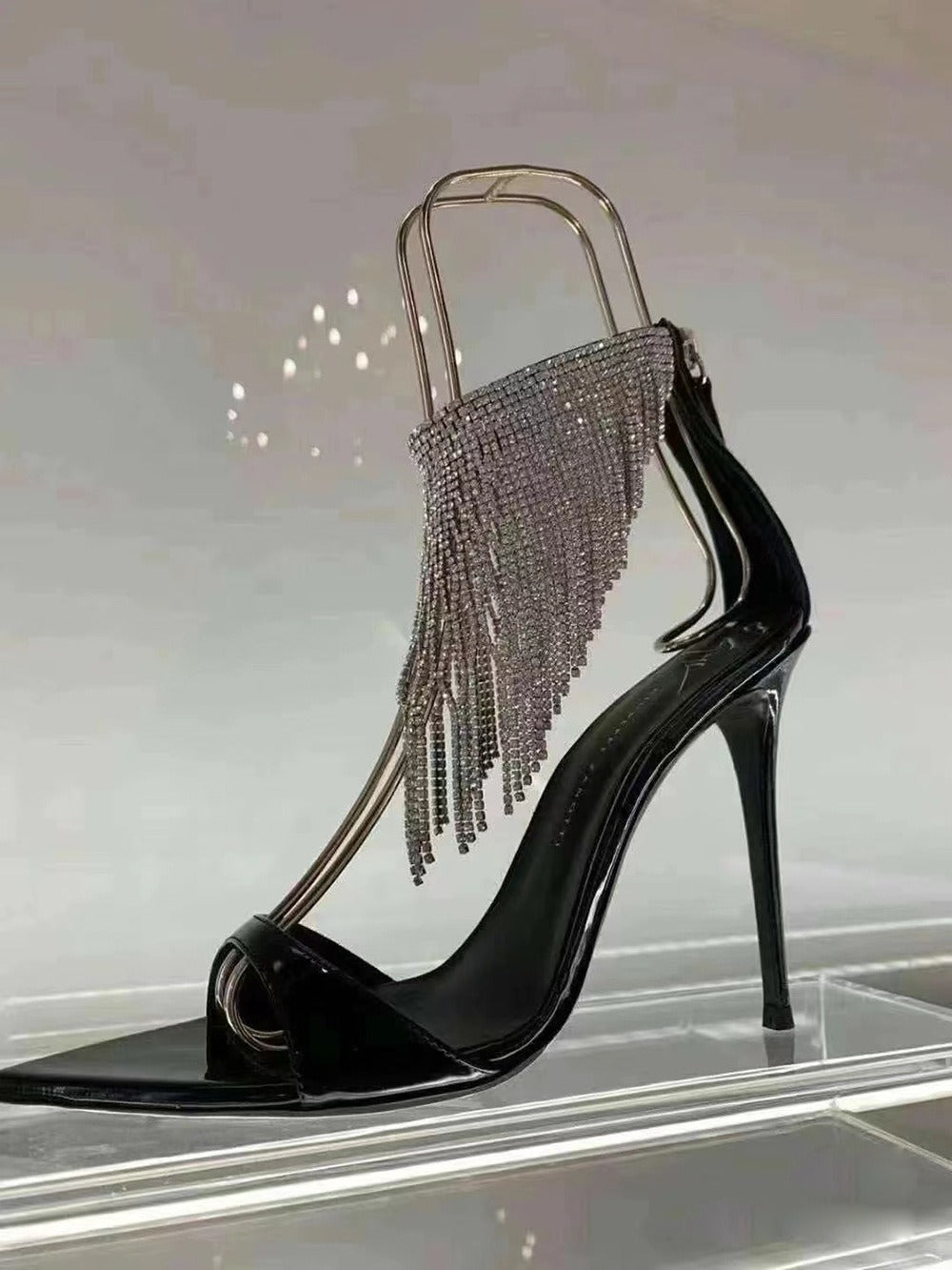 Pointed High Heeled Shoes For Women, Slim Heeled Fish Mouth Shoes, Tassel Hollowed Out Rhinestone Banquet Sandals For Women