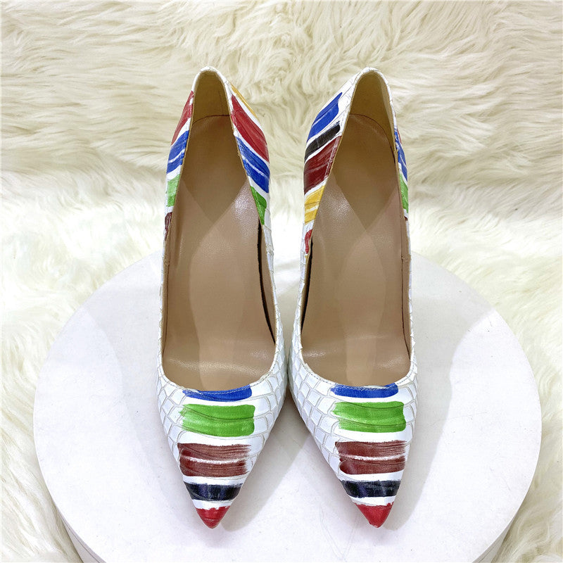 New Snakeskin Pattern Color Graffiti High Heels 12cm 10cm 8cm Pointed Toe Stiletto Pumps