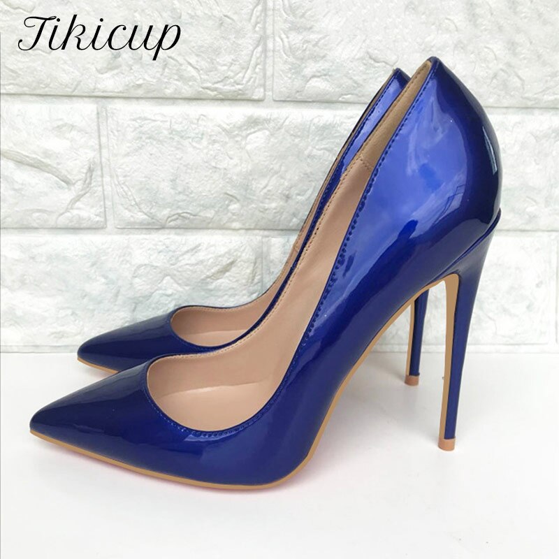 Tikicup Dark Blue Women Patent Pointed Toe Stiletto High Heels Elegant Ladies Slip On Wedding Pumps Shoes Plus Size 34-45