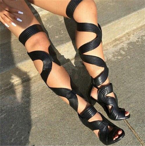 Sexy Gladiator-Sandalen mit offener Spitze, Damenstiefel, Cut-Outs, Schnürstiefel mit Overknee-Stiefeln, High Heels, schwarze Lederschuhe, Damen-Botas 