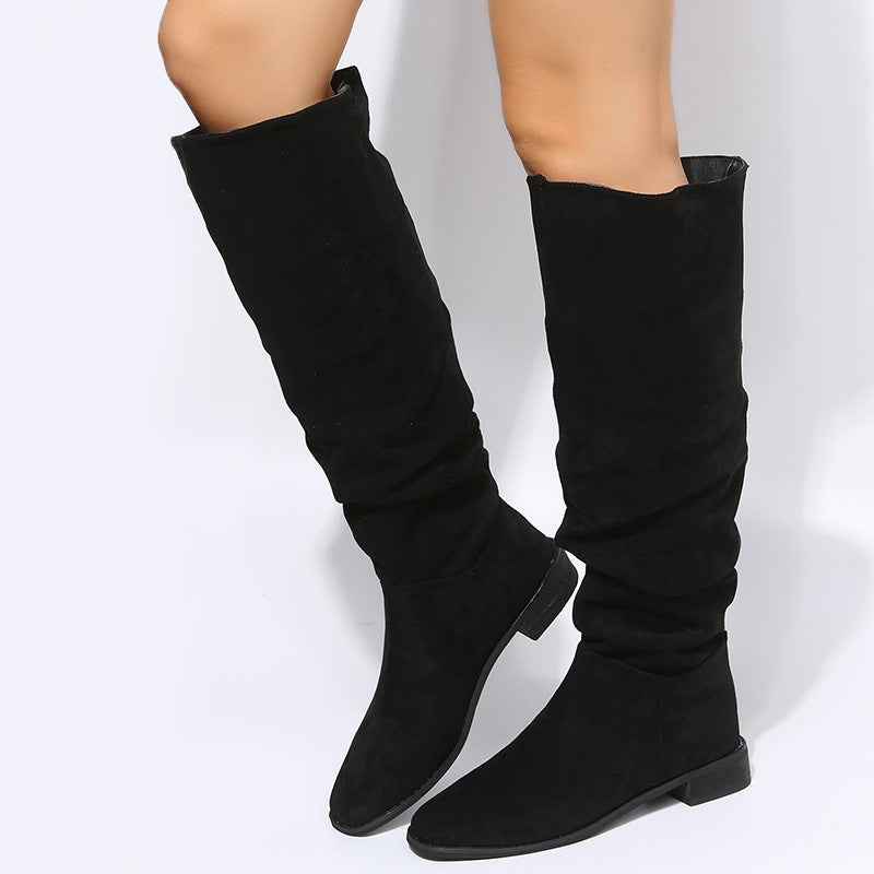 Female Vintage Suede Chunky Heel Square Toe Knight Boots